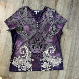 Y2K Dressbarn Henley Women's Plus Size 2X Purple Fairycore Paisley Indie Boho